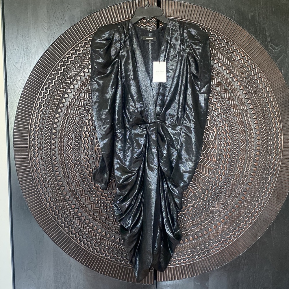 NEW Isabel Marant Issolya dress puff sleeve draped black dress - Picture 5 of 10